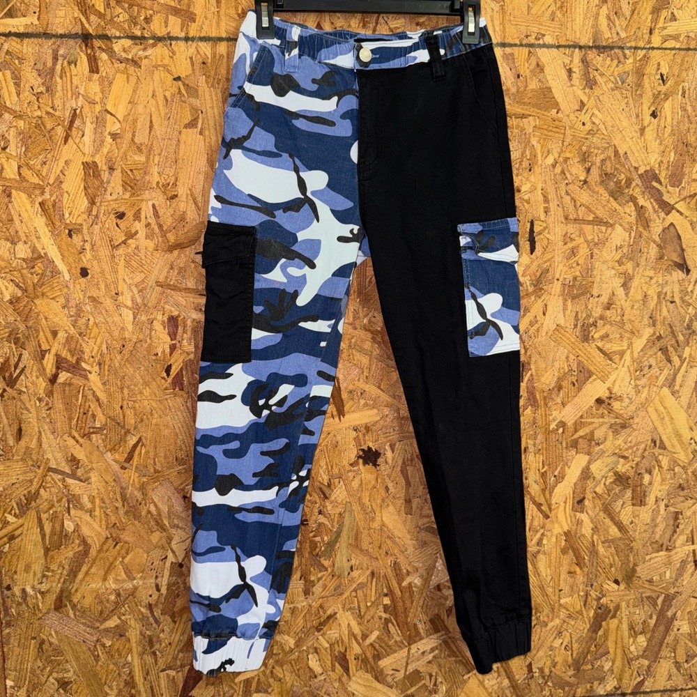 Camo Cargo Jogger Jeans Blue/Black Cotton School Skater Grunge Streetwear Jr's M